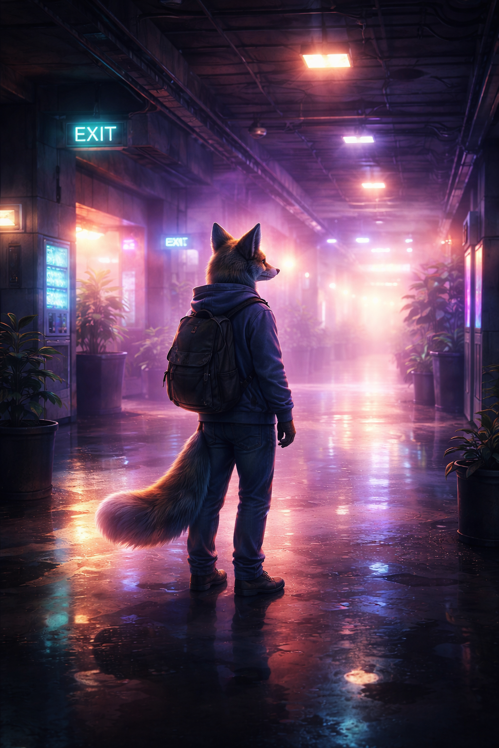 A fox standing in a neon-lit liminal corridor, representing the transition to a new OS